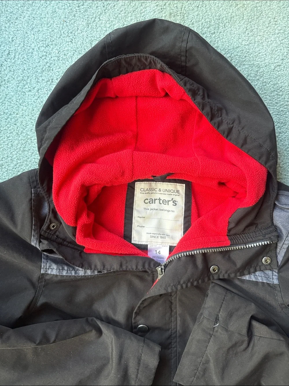 Carter's Black Hooded Puffer Jacket with Red Lining